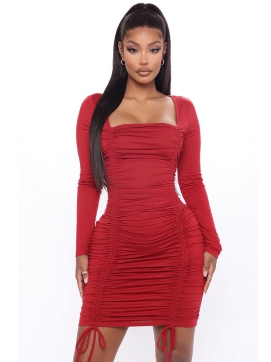 Fashion Nova Dresses & Skirts - NWT Fashion Nova Square Neck Ruched Date Night Fit Long Sleeve Red Dress Size 1X